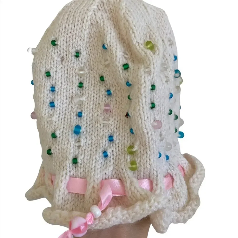 Vintage Handmade Baby Small Hat With Ribbon and Bead Accents